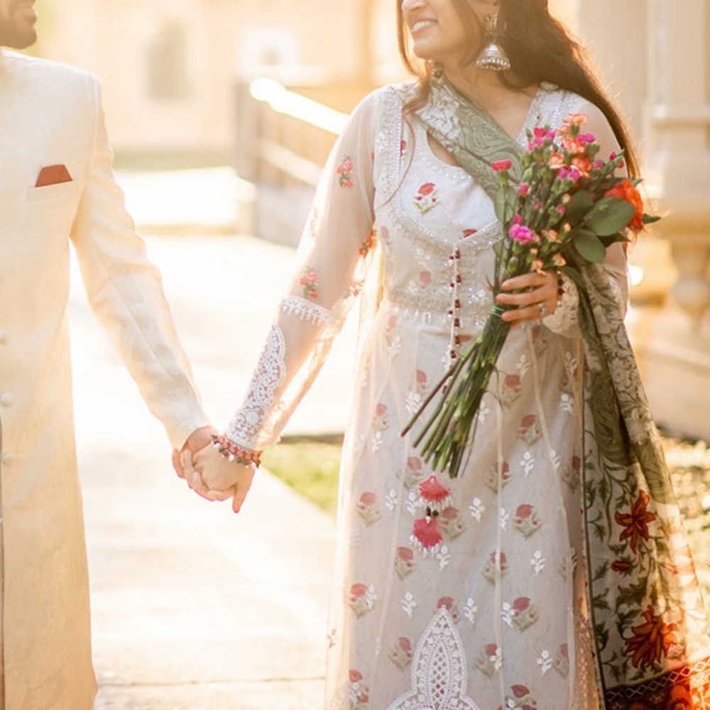 Elegant Cream and Floral Pakistani Gown w/ Lace Overlay and Beaded Details
